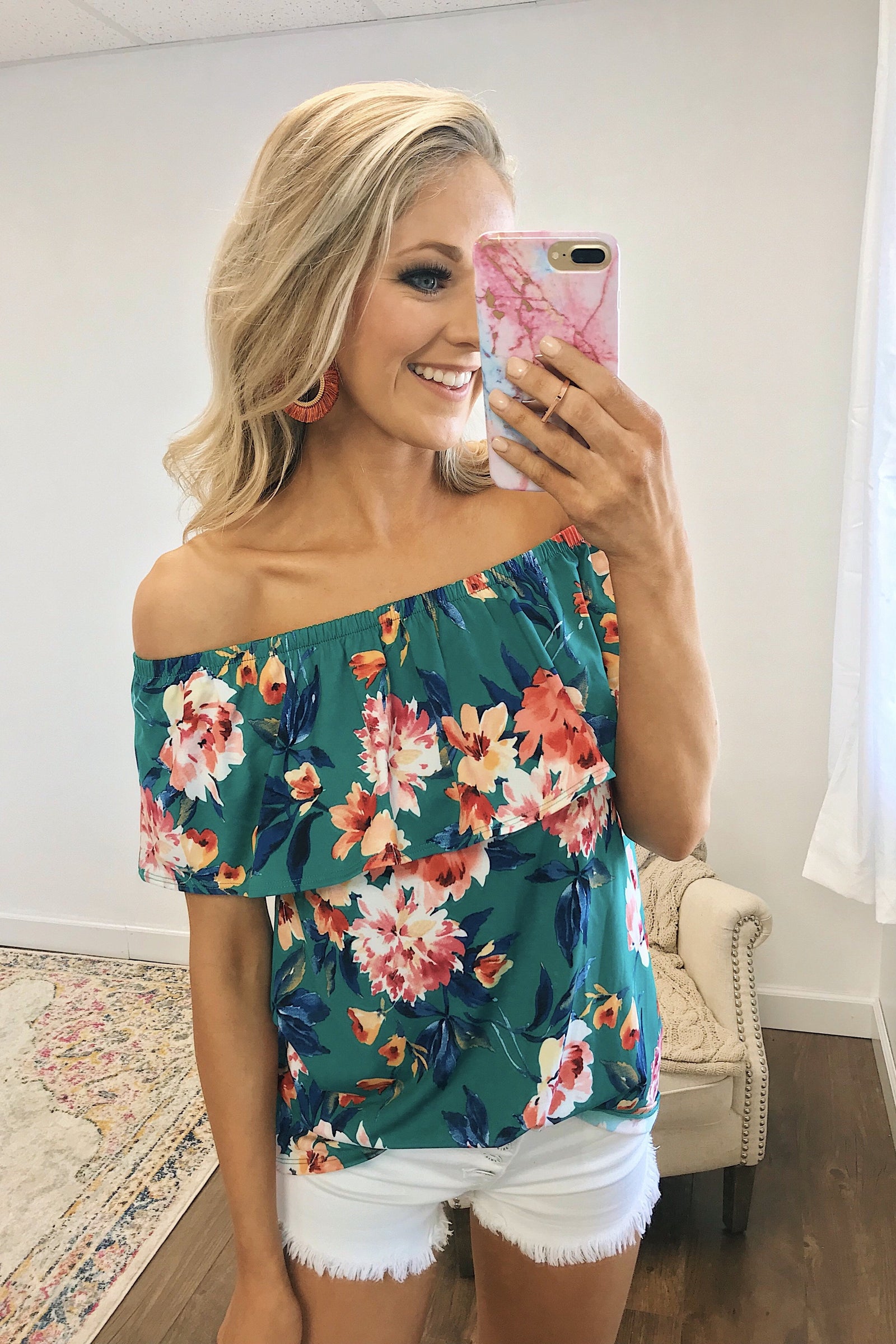 Tropical Oasis Off The Shoulder Floral Top- Green