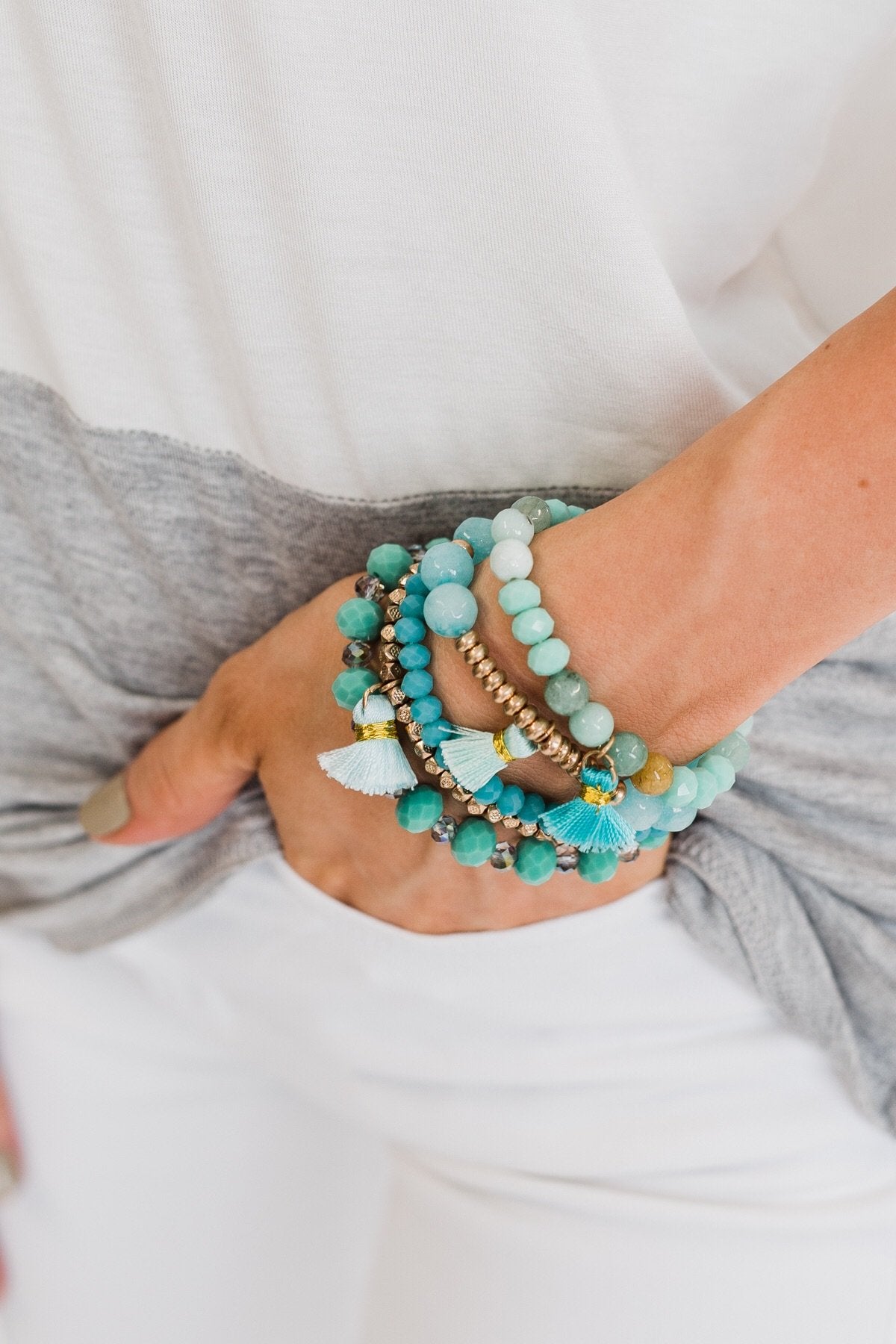 Tassels & Beads Bracelet Set- Gold & Teal