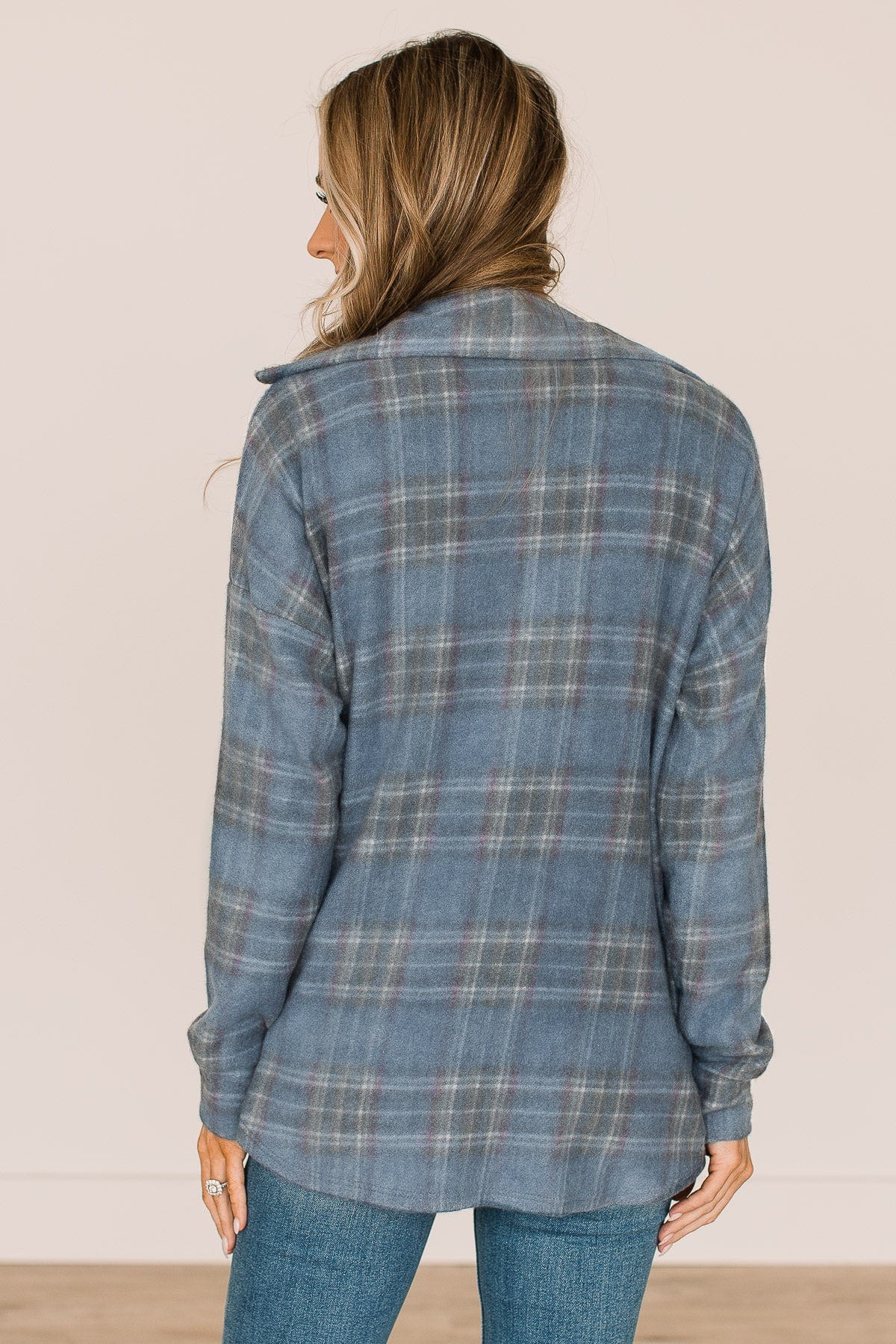 All In Plaid Button Top- Dusty Navy