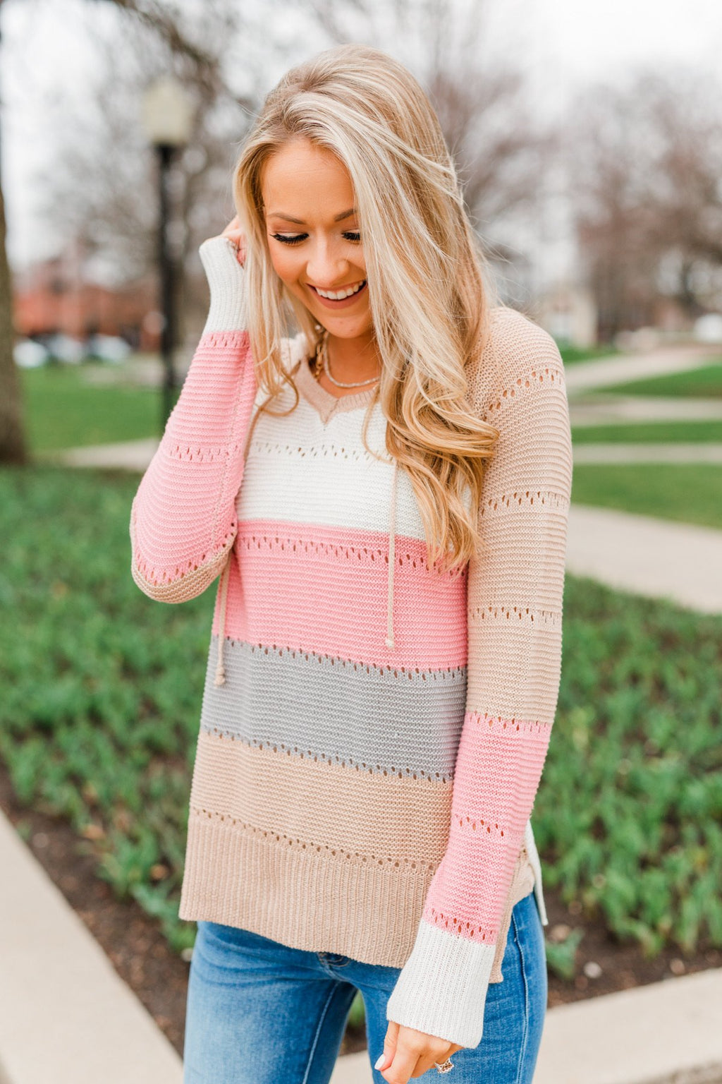 A Day With You Knit Hoodie- Tan, Pink, Off-White Grey