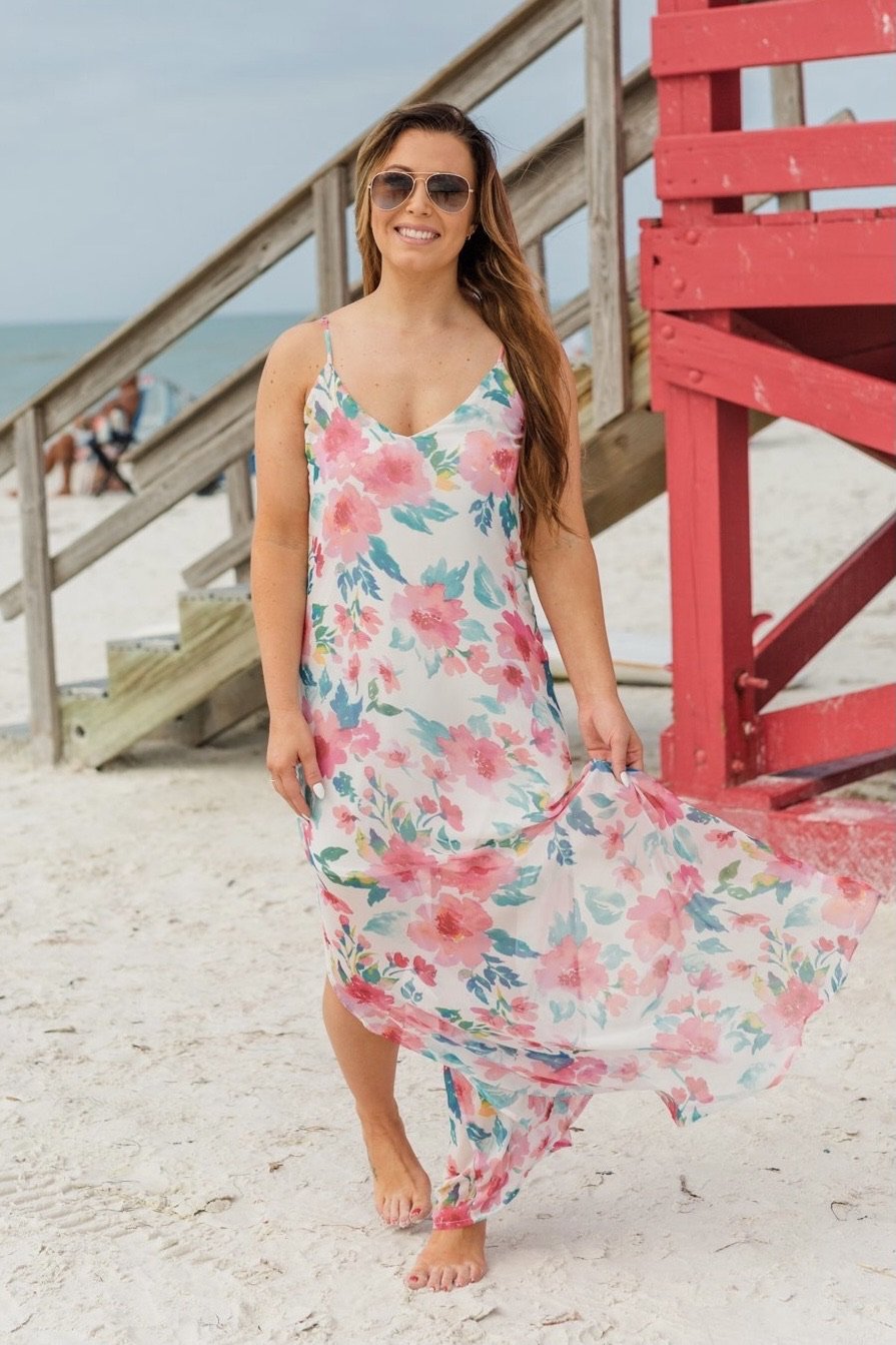 Follow The Sound Floral Maxi Shift Dress- Ivory & Coral