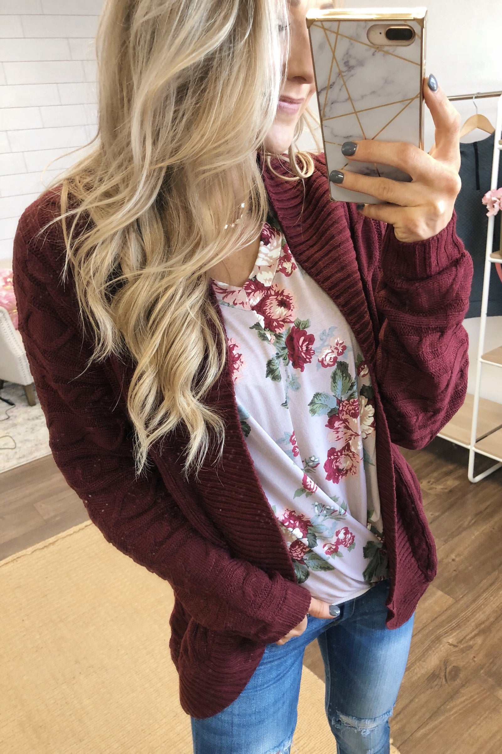 Noticing You Cable Knit Cardigan- Burgundy