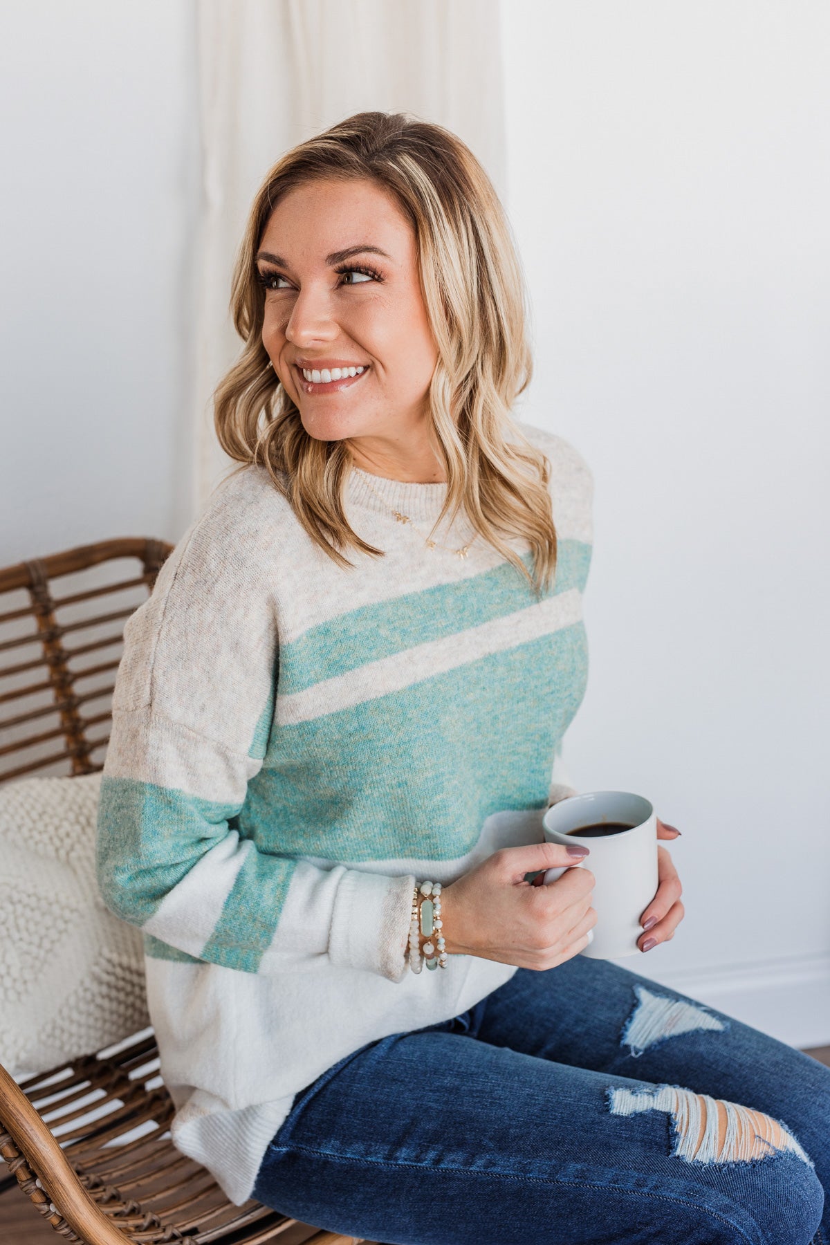 Showering Affections Striped Sweater- Ivory & Teal