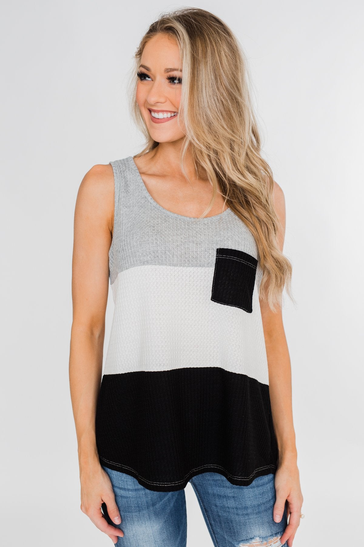 Waffle Knit Color Block Tank Top- Black, Grey, and White
