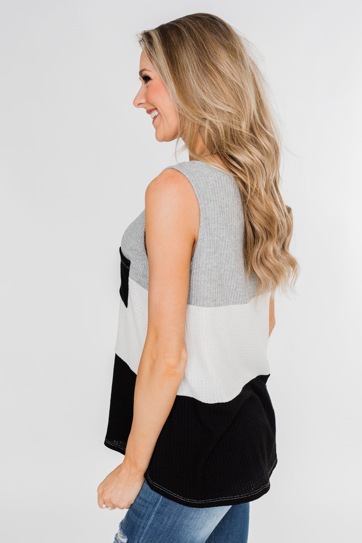 Waffle Knit Color Block Tank Top- Black, Grey, and White