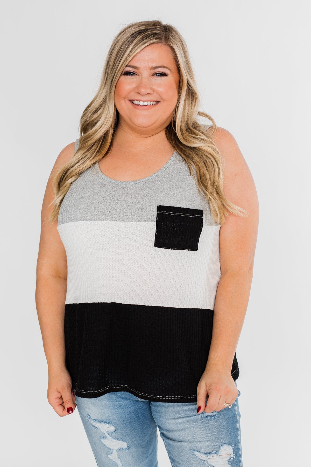 Waffle Knit Color Block Tank Top- Black, Grey, and White
