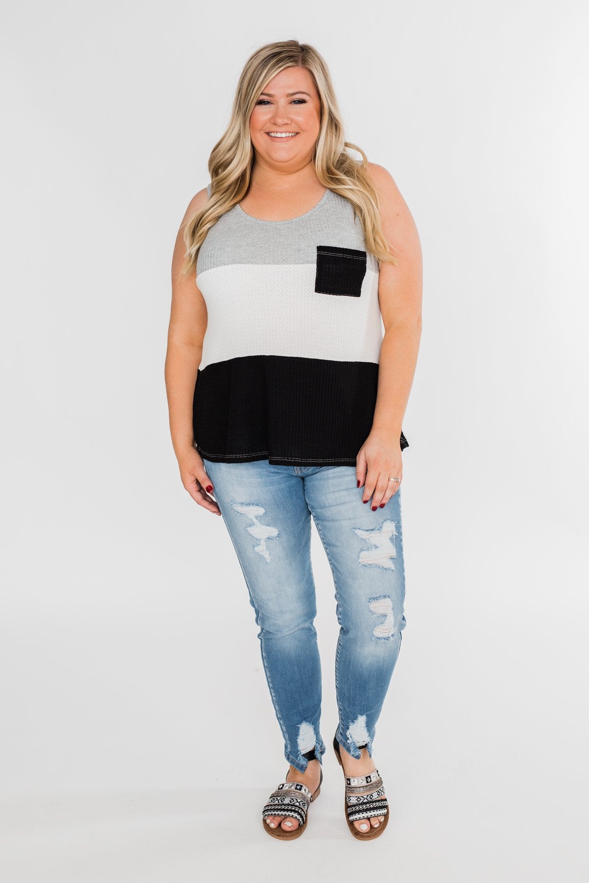 Waffle Knit Color Block Tank Top- Black, Grey, and White