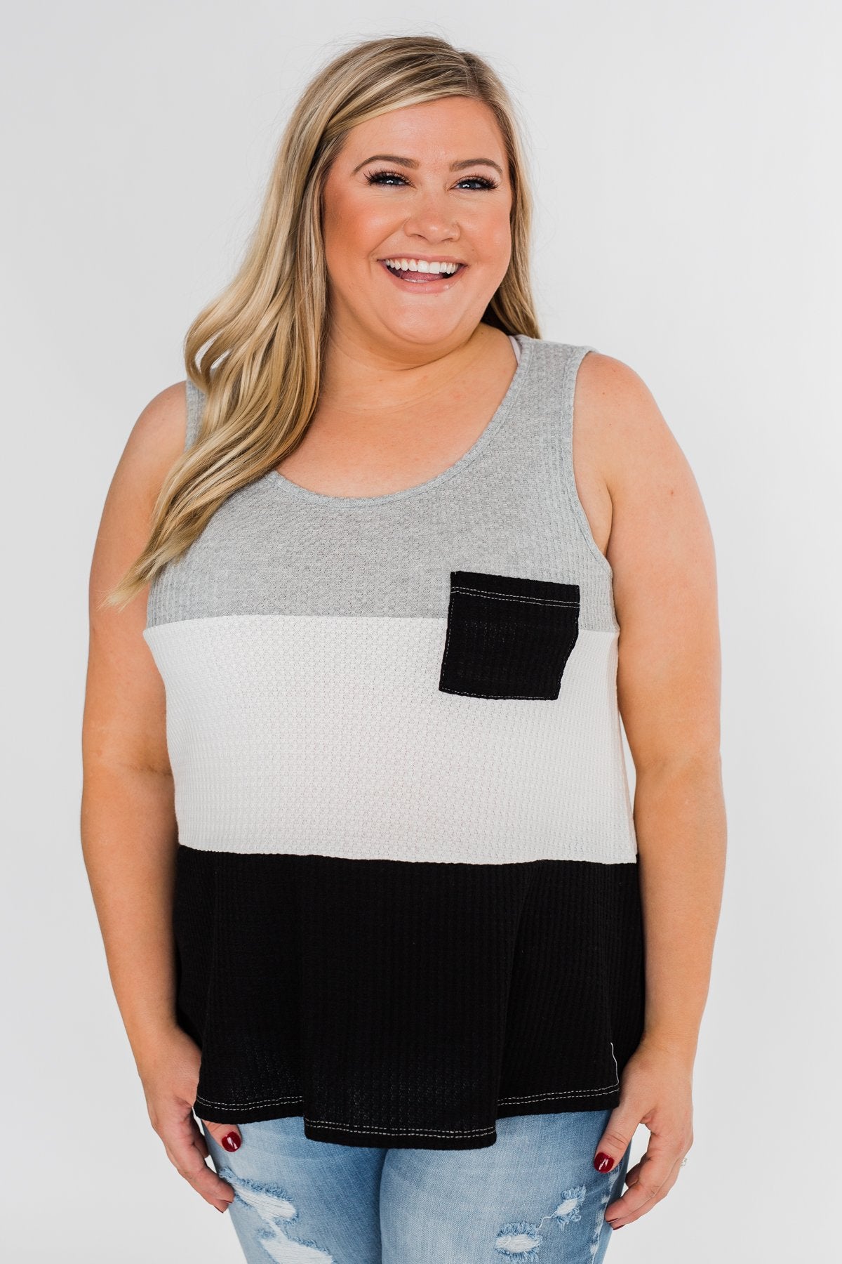 Waffle Knit Color Block Tank Top- Black, Grey, and White