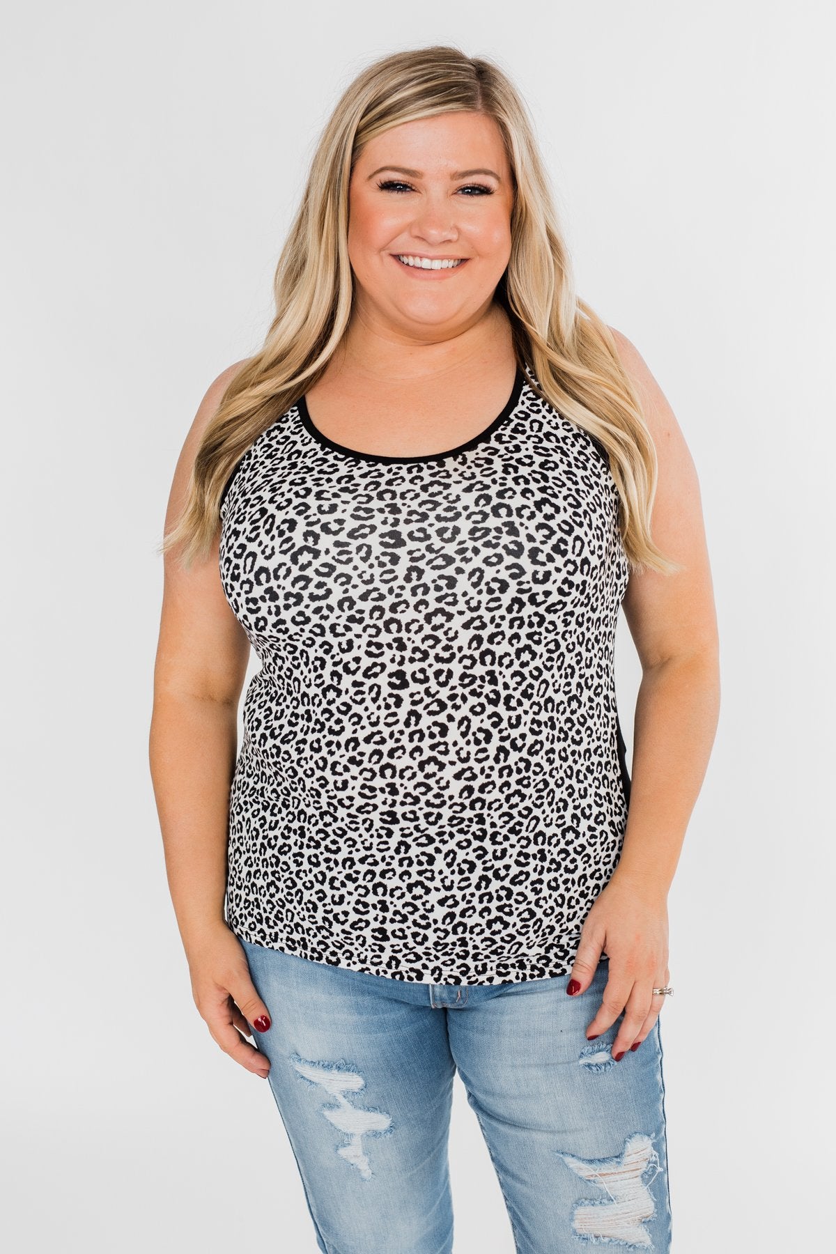 White Leopard Zipper Tank Top- Black and White
