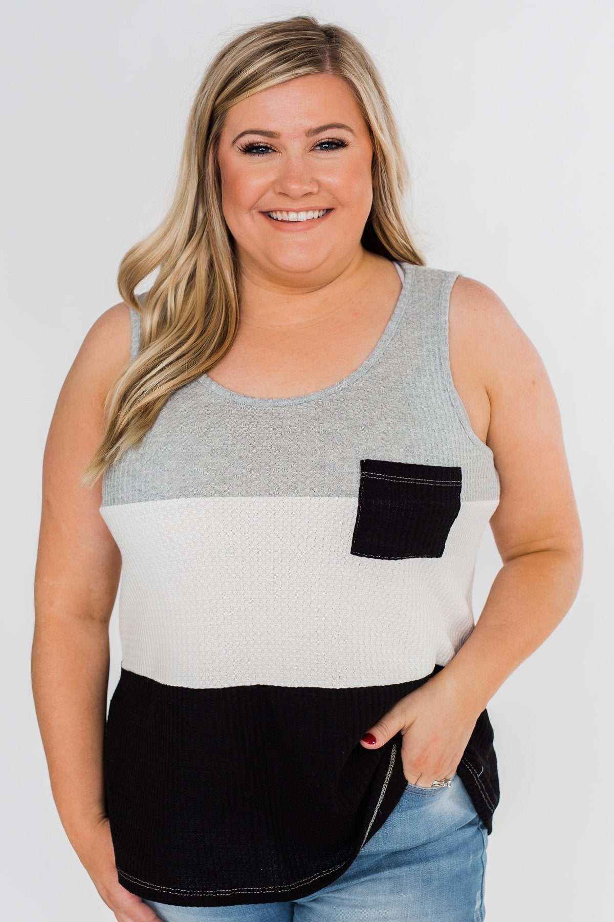 Waffle Knit Color Block Tank Top- Black, Grey, and White