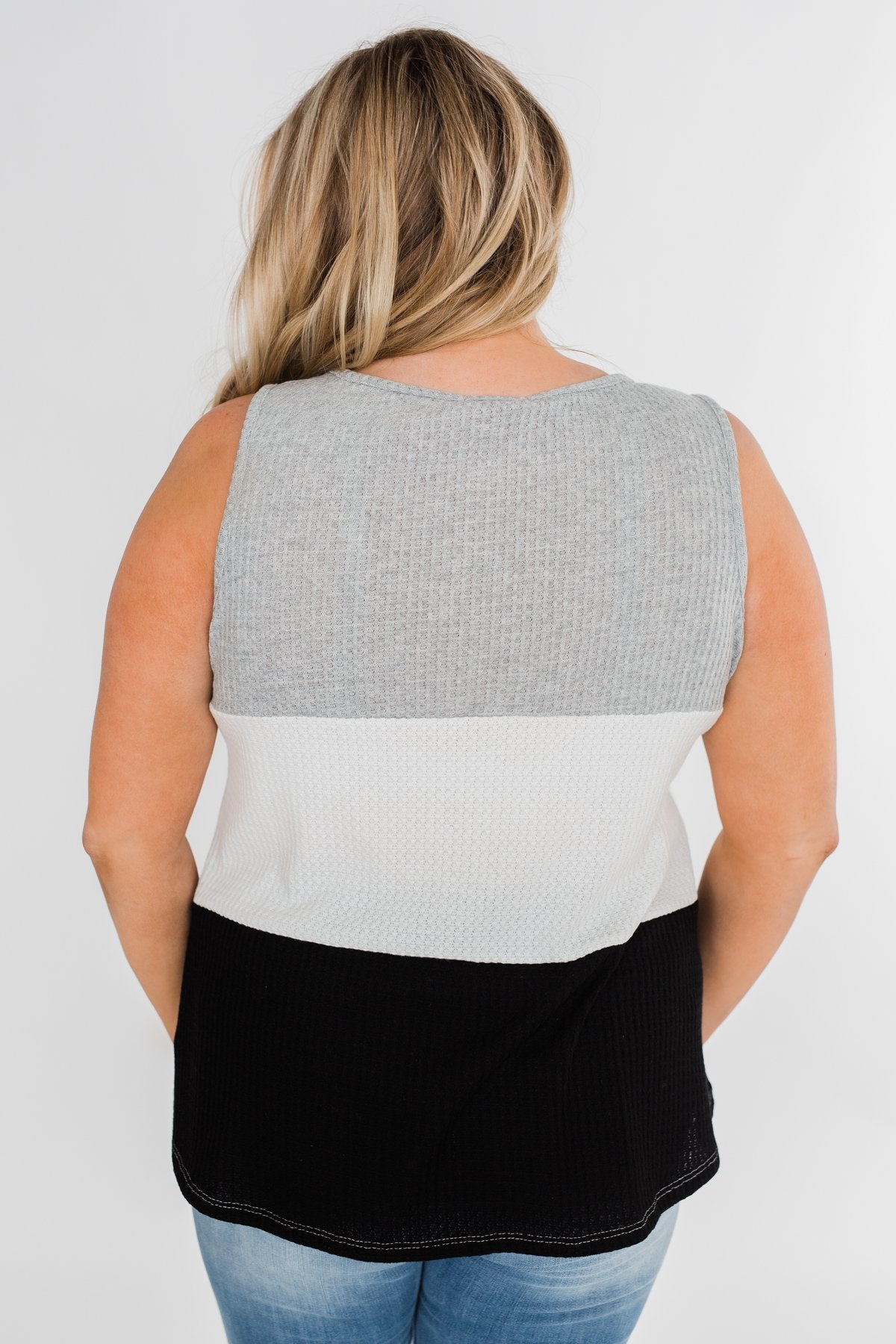 Waffle Knit Color Block Tank Top- Black, Grey, and White