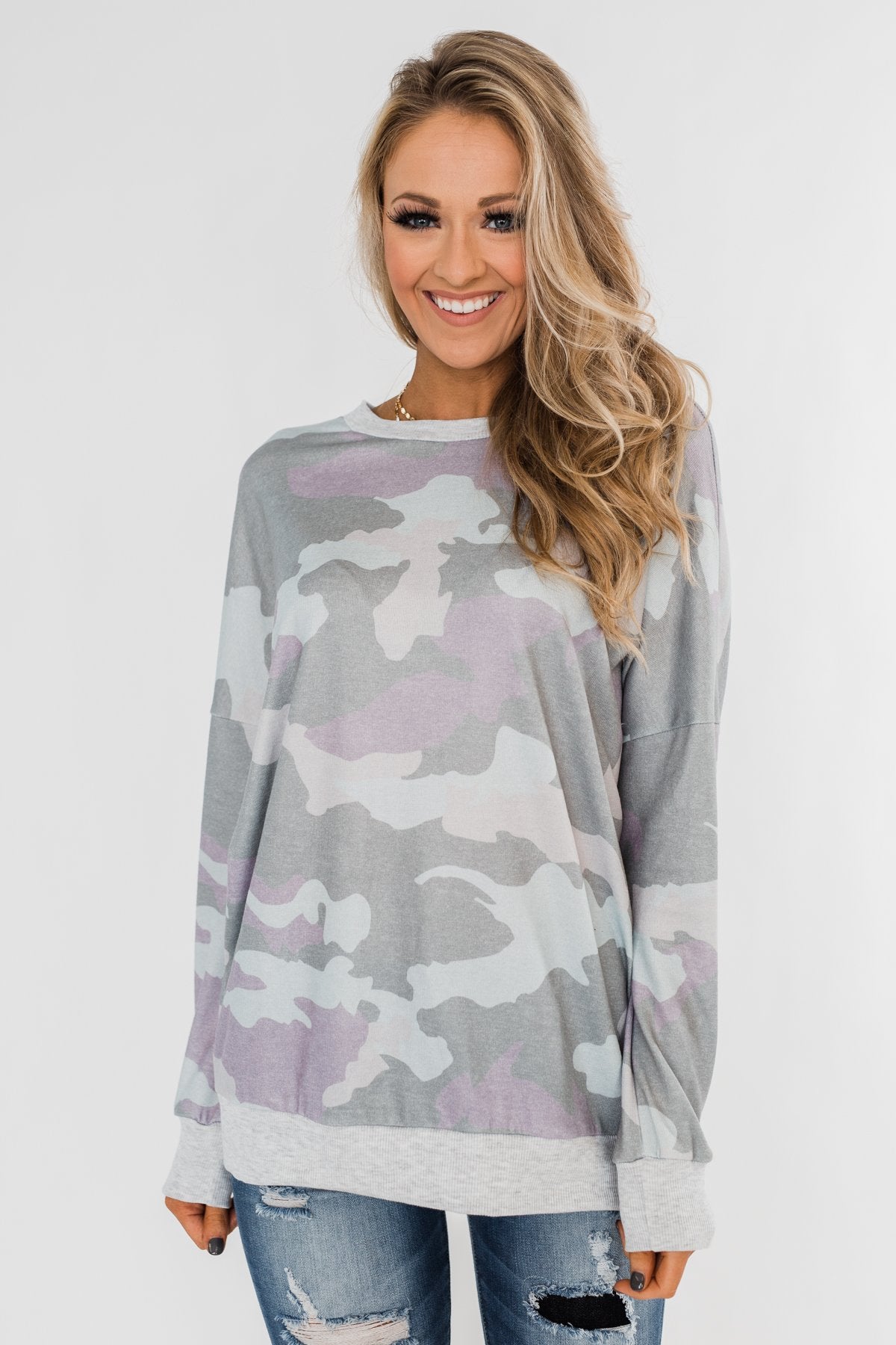 Camo Print Long Sleeve Top- Purple