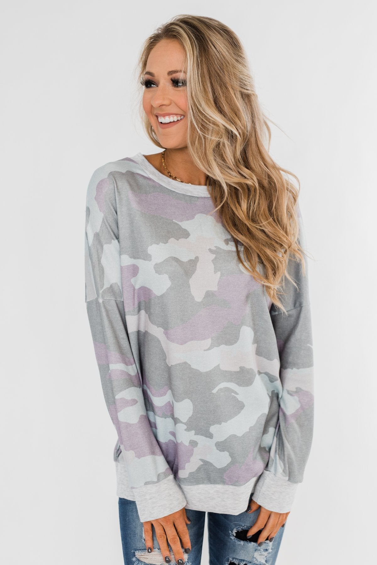 Camo Print Long Sleeve Top- Purple
