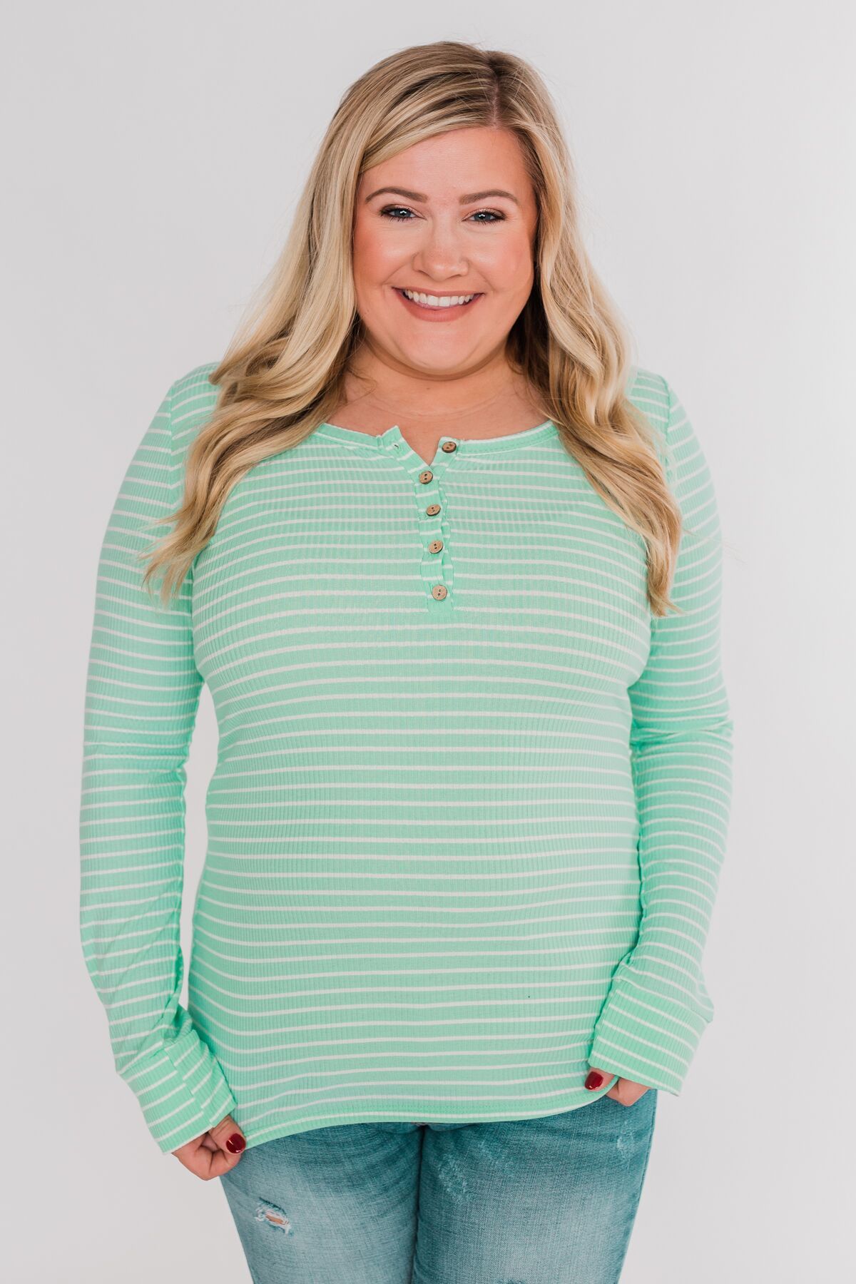 Happy As Can Be Striped Henley Top- Cheerful Mint