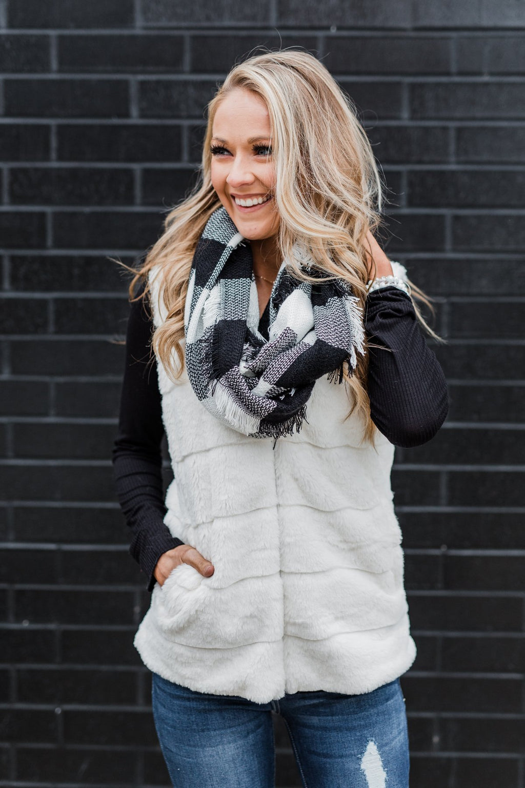 Faux Fur Zip Up Vest- Ivory - Main Image