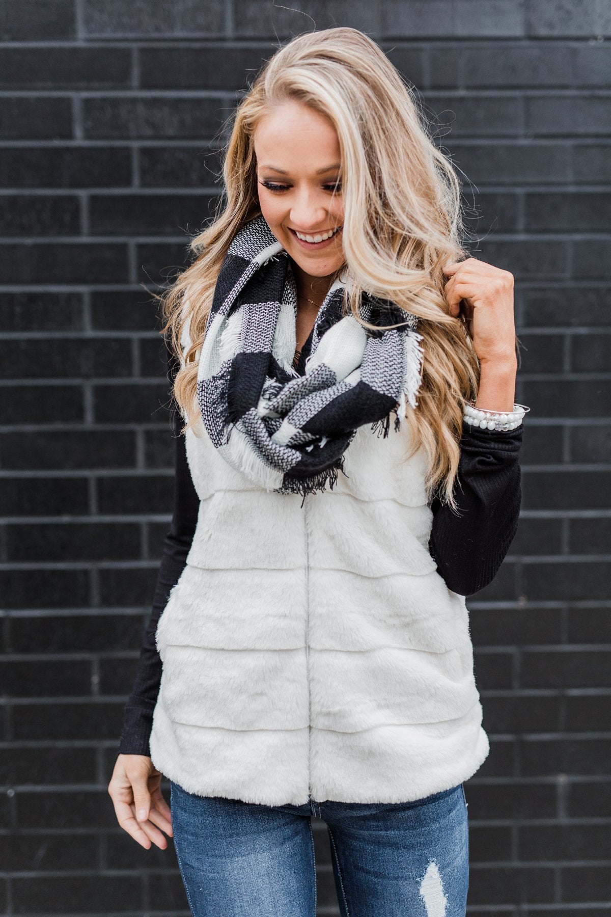 Faux Fur Zip Up Vest- Ivory