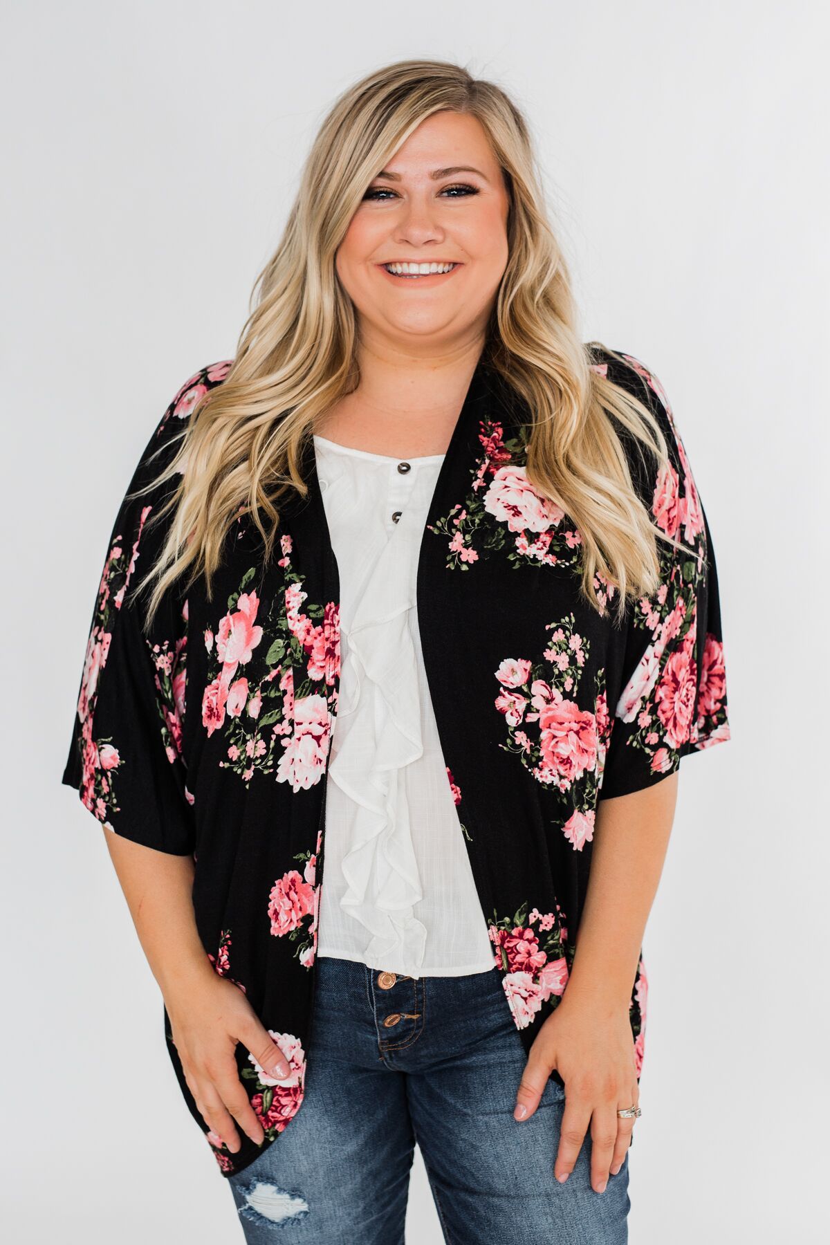 You Make Me Speechless Floral Kimono- Black