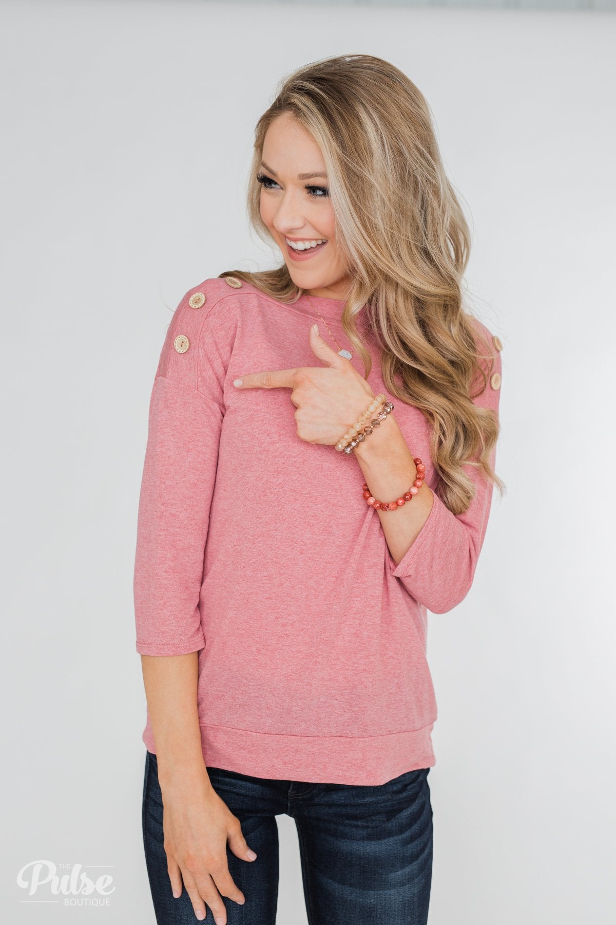 Cute As A Button 3/4 Sleeve Top- Sherbet Pink