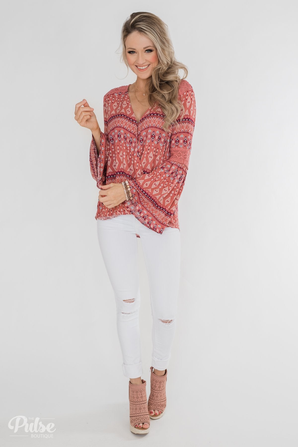 Good Vibes Only Wrap Detail V-Neck Top- Light Rust