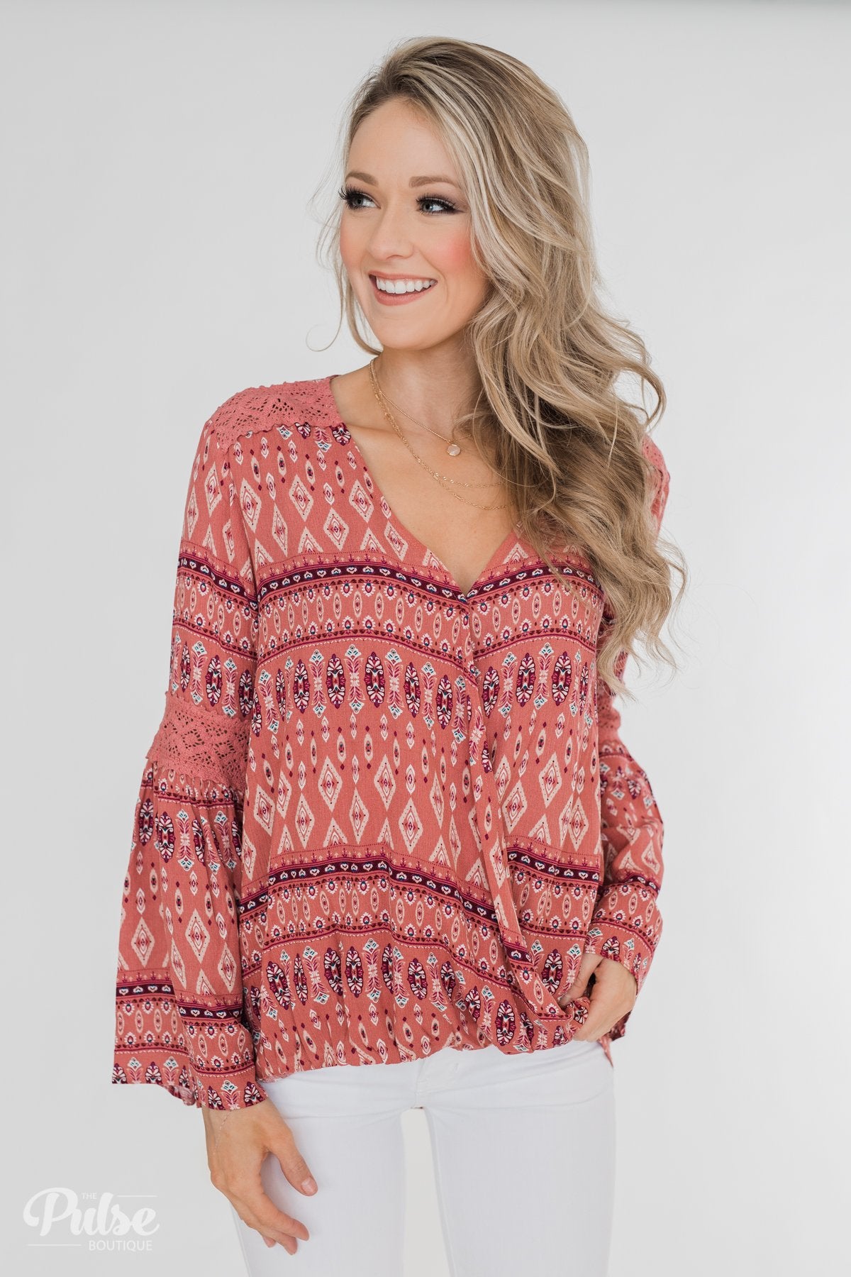 Good Vibes Only Wrap Detail V-Neck Top- Light Rust