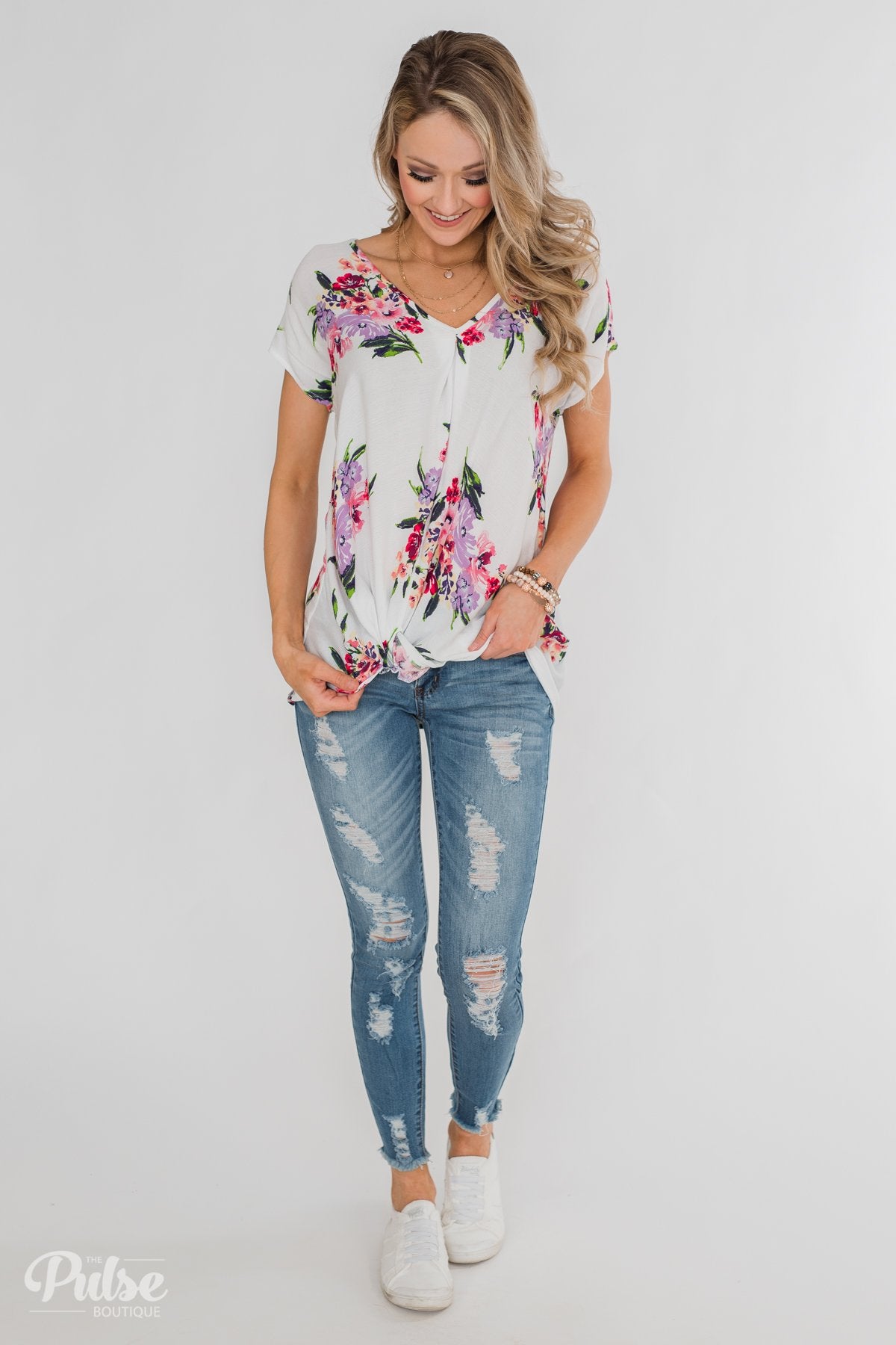 Best Day Ever Floral Twist Short Sleeve Top- Ivory