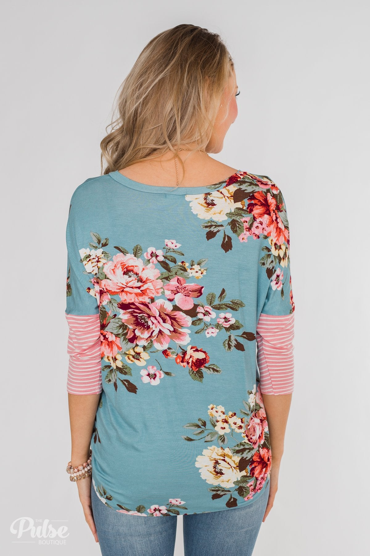 3/4 Sleeve Floral & Striped Tie Top- Antique Blue