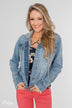 C'est Toi Distressed Hooded Denim Jacket- Medium Wash