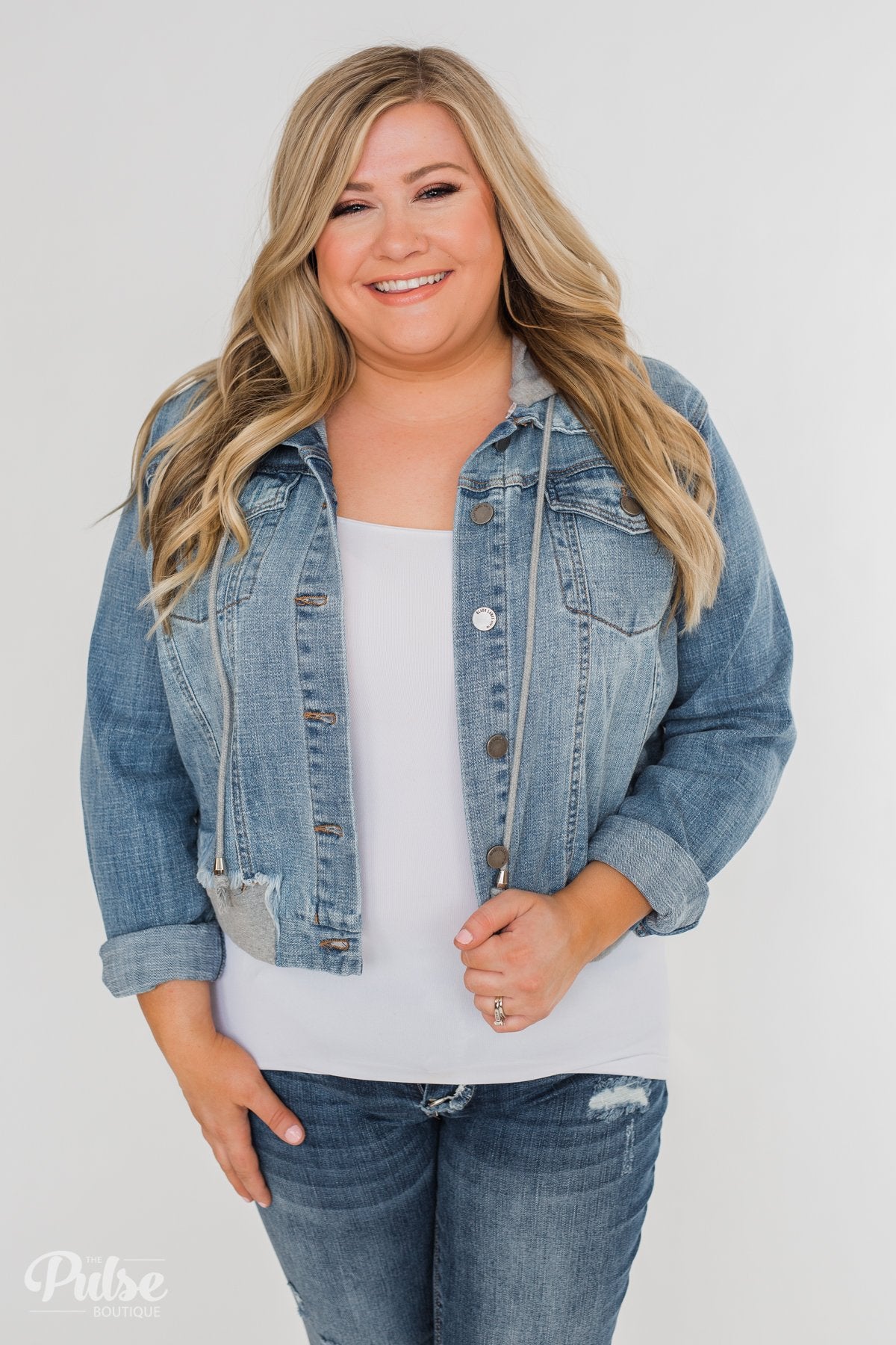 Distressed hooded deals denim jacket