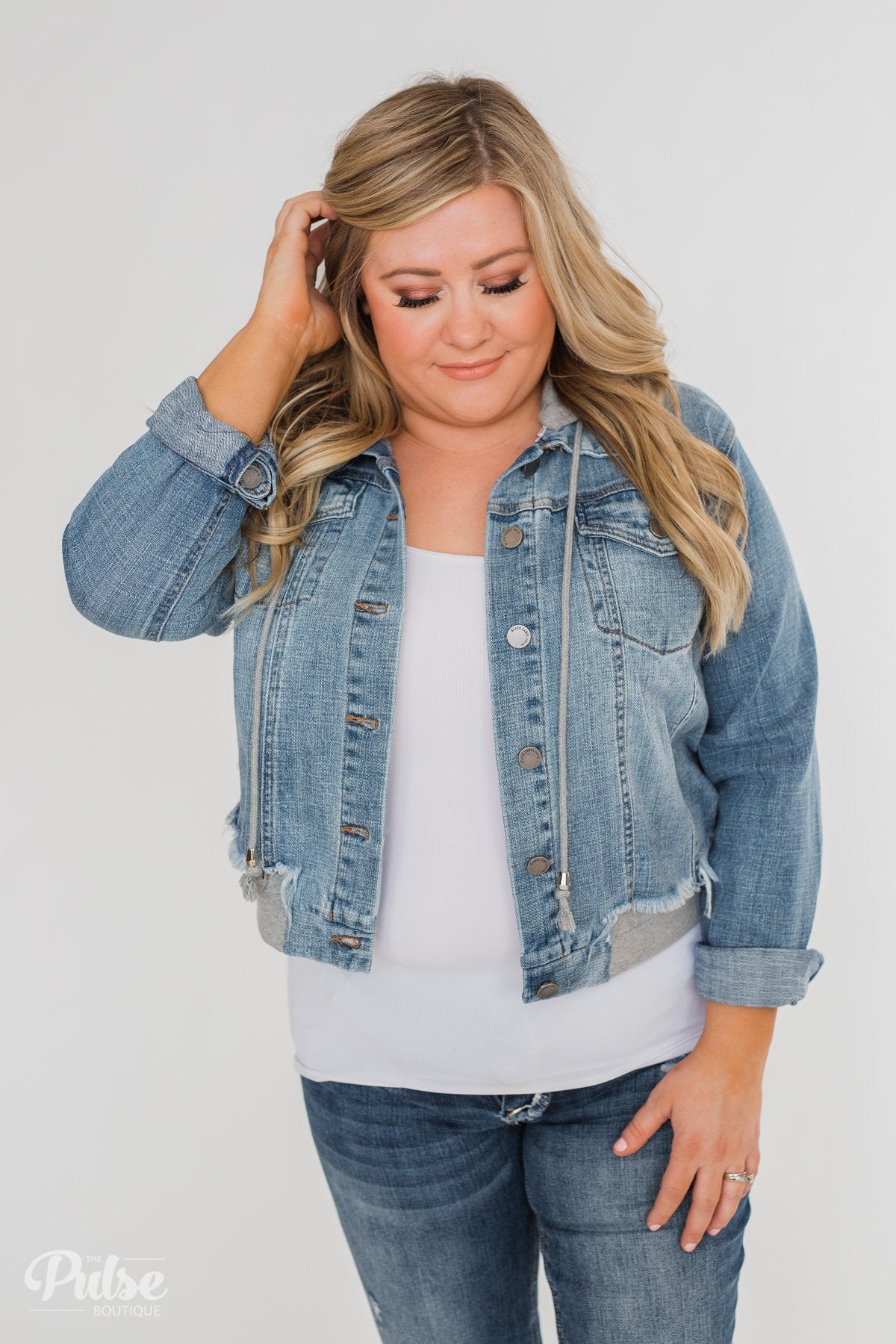 C'est Toi Distressed Hooded Denim Jacket- Medium Wash
