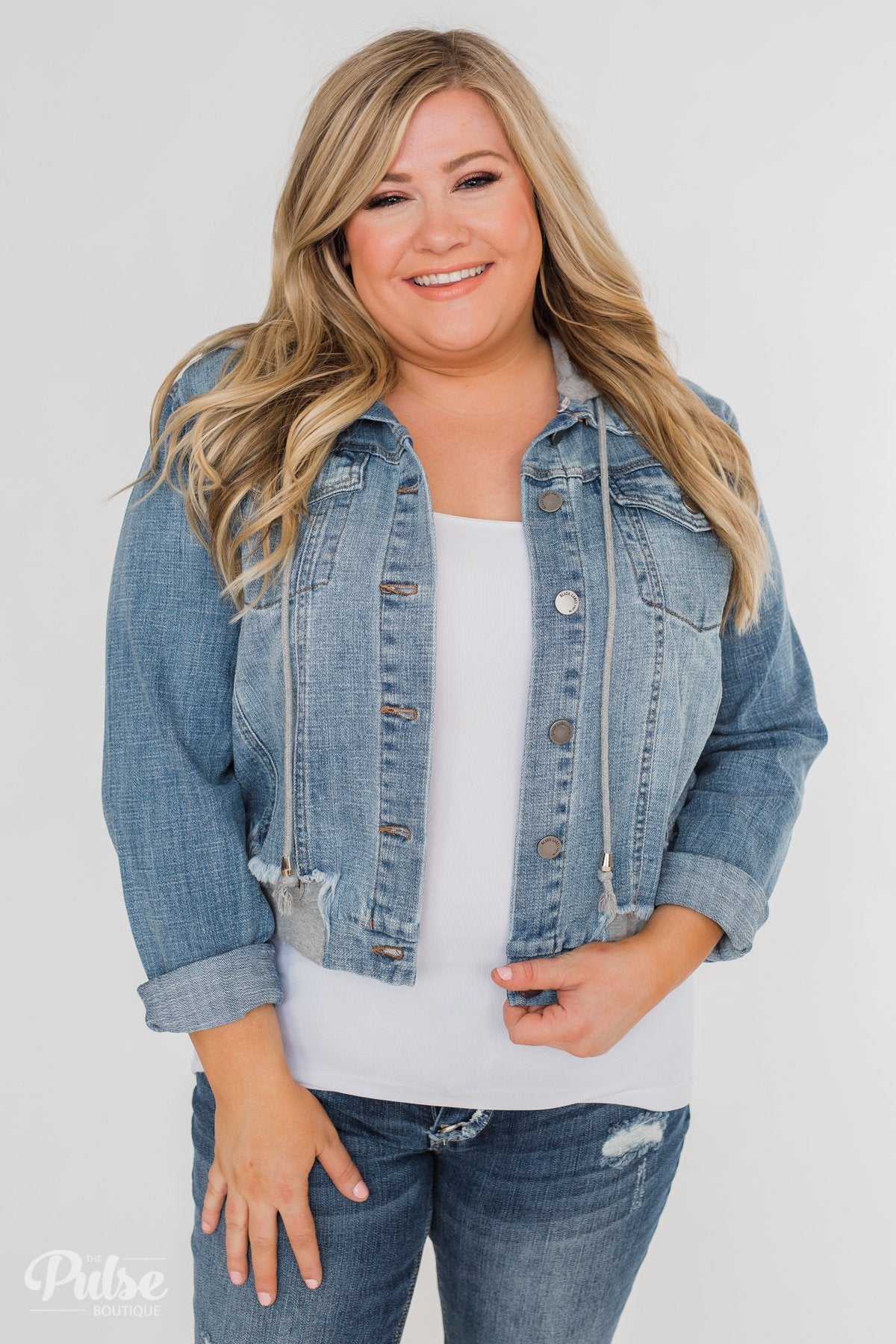 C'est Toi Distressed Hooded Denim Jacket- Medium Wash