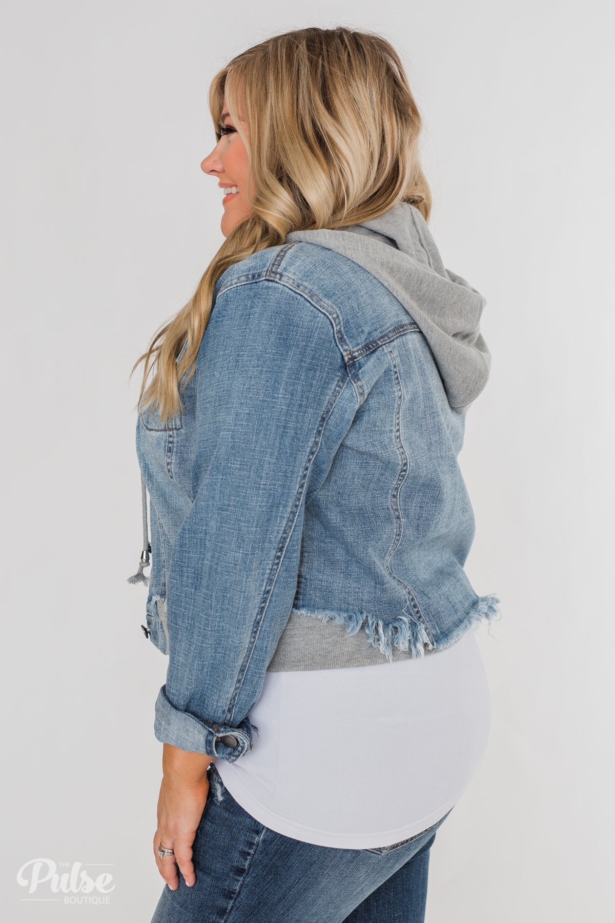 C'est Toi Distressed Hooded Denim Jacket- Medium Wash
