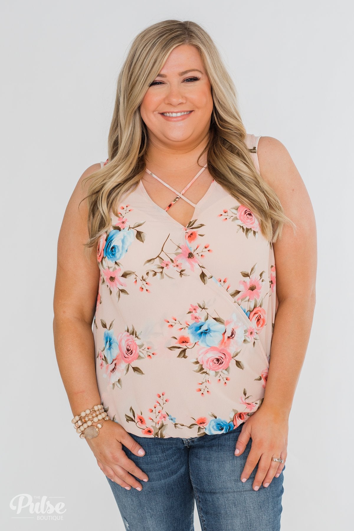 Happy Endings Floral Criss Cross Tank Top- Blush
