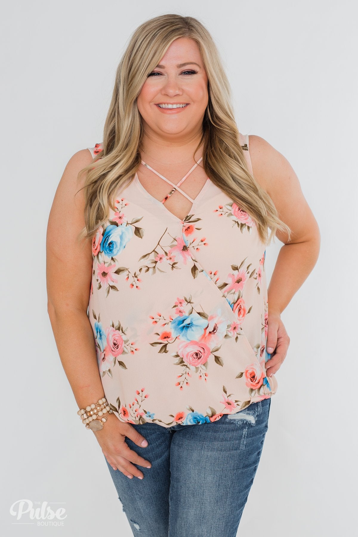 Happy Endings Floral Criss Cross Tank Top- Blush