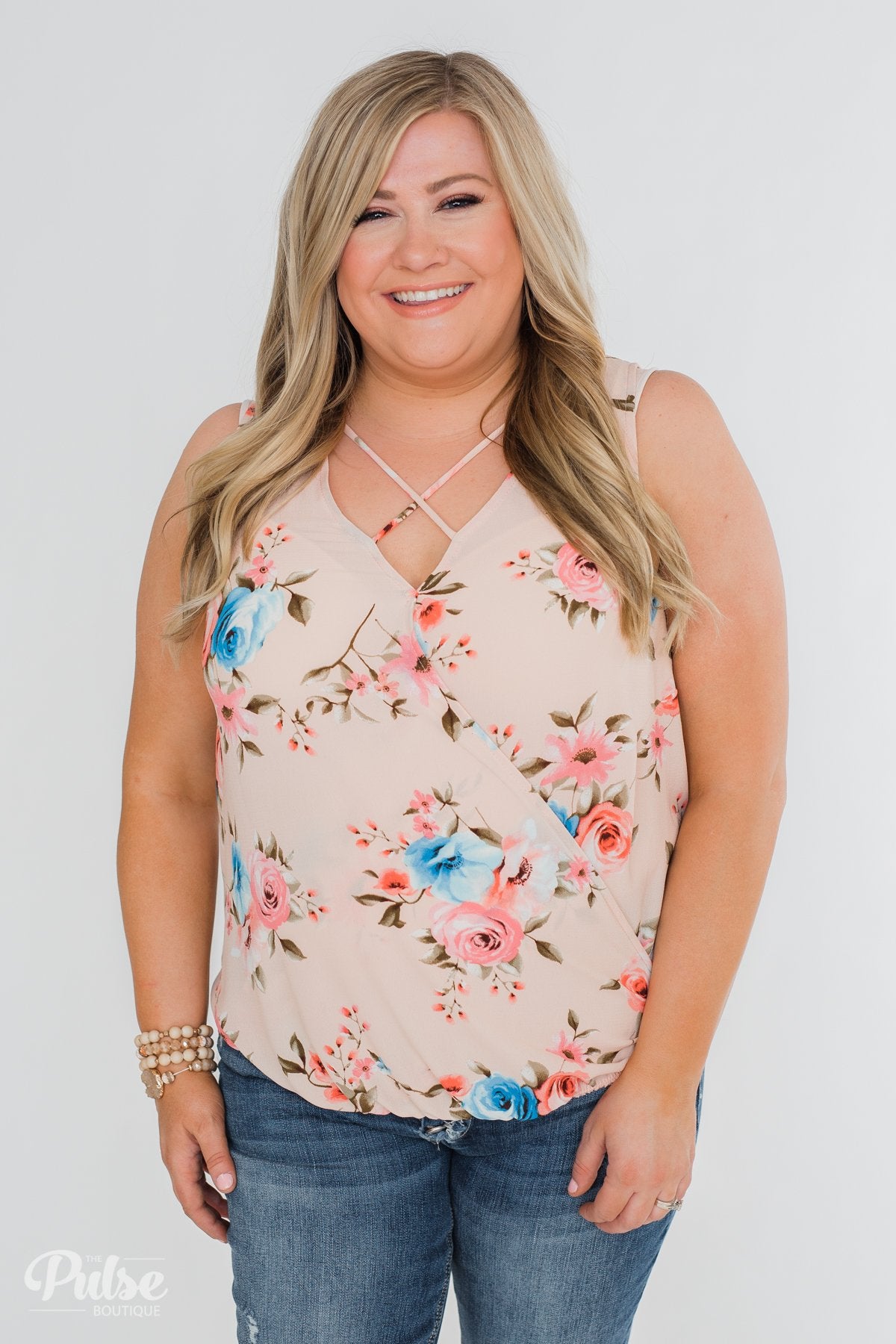 Happy Endings Floral Criss Cross Tank Top- Blush