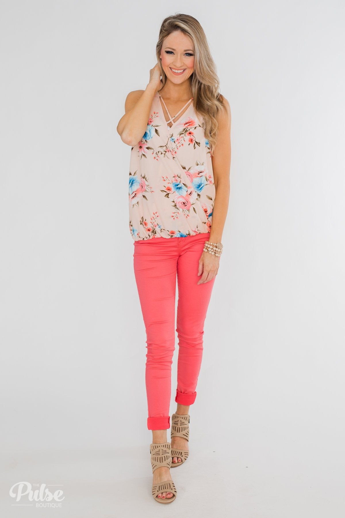 Happy Endings Floral Criss Cross Tank Top- Blush