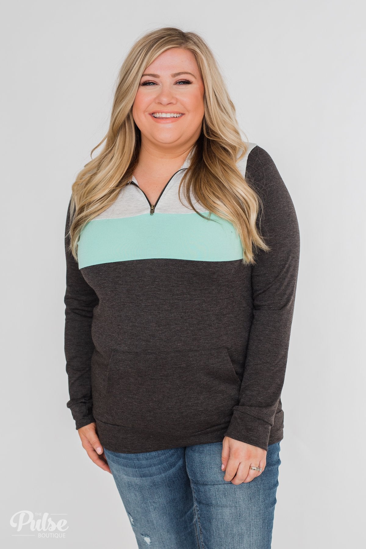 On the Go Quarter Zip Pullover- Mint & Charcoal