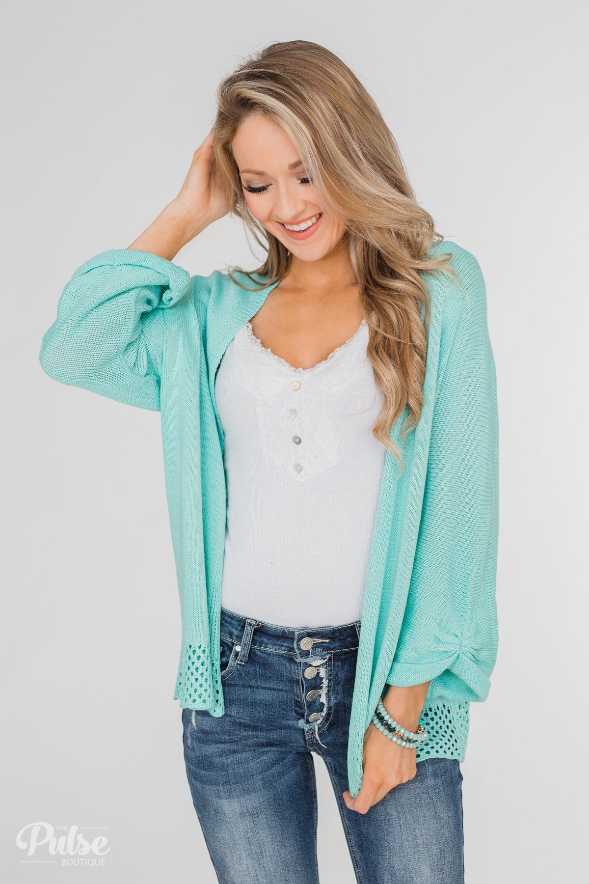 Lovely Days Long Sleeve Knitted Cardigan- Mint Blue