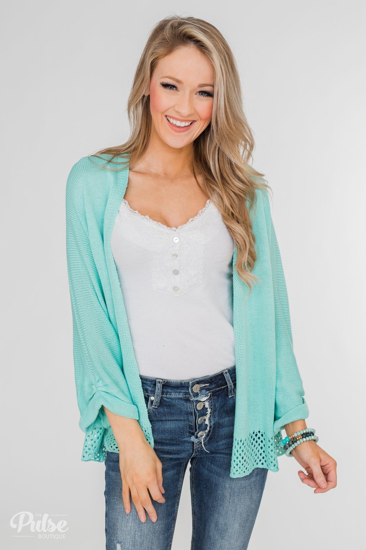 Lovely Days Long Sleeve Knitted Cardigan- Mint Blue