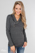 Give Me Time Zipper Pullover Top- Charcoal