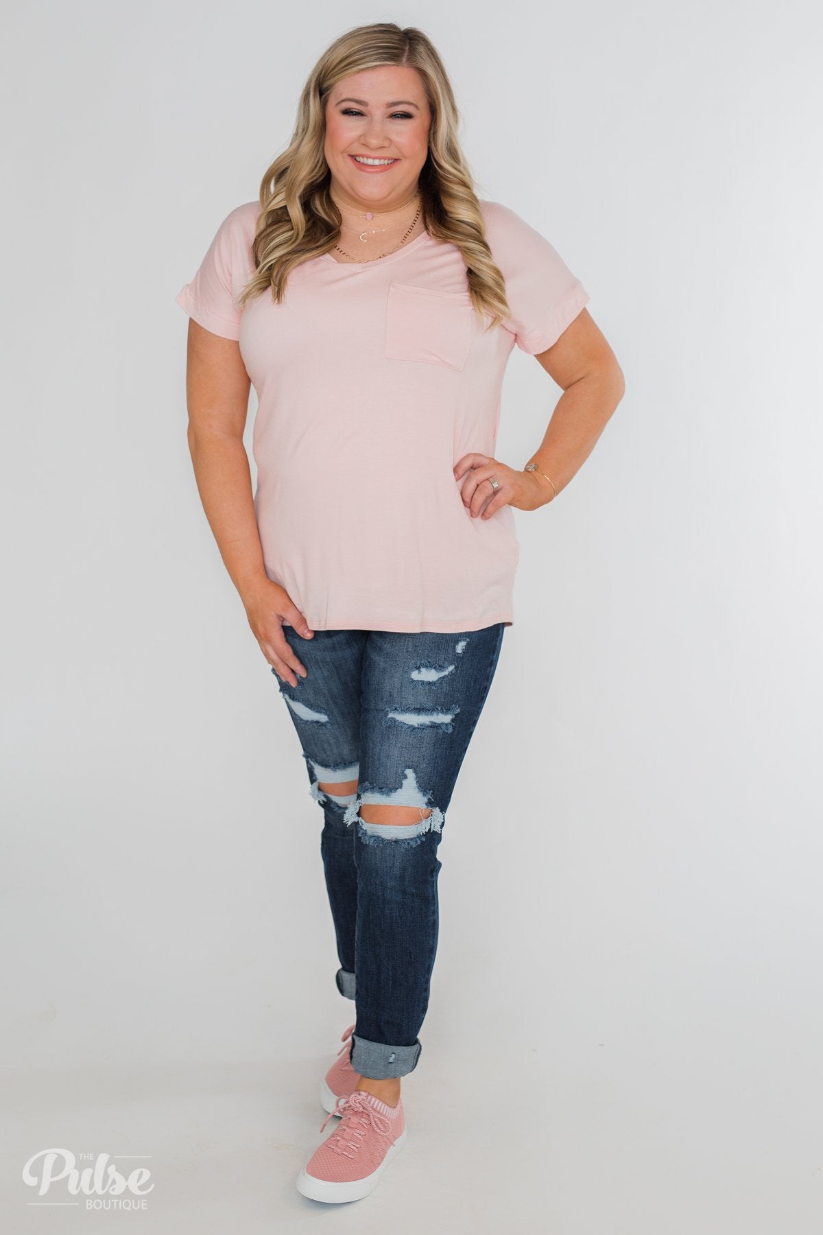 Solid V-Neck Pocket Top- Blush