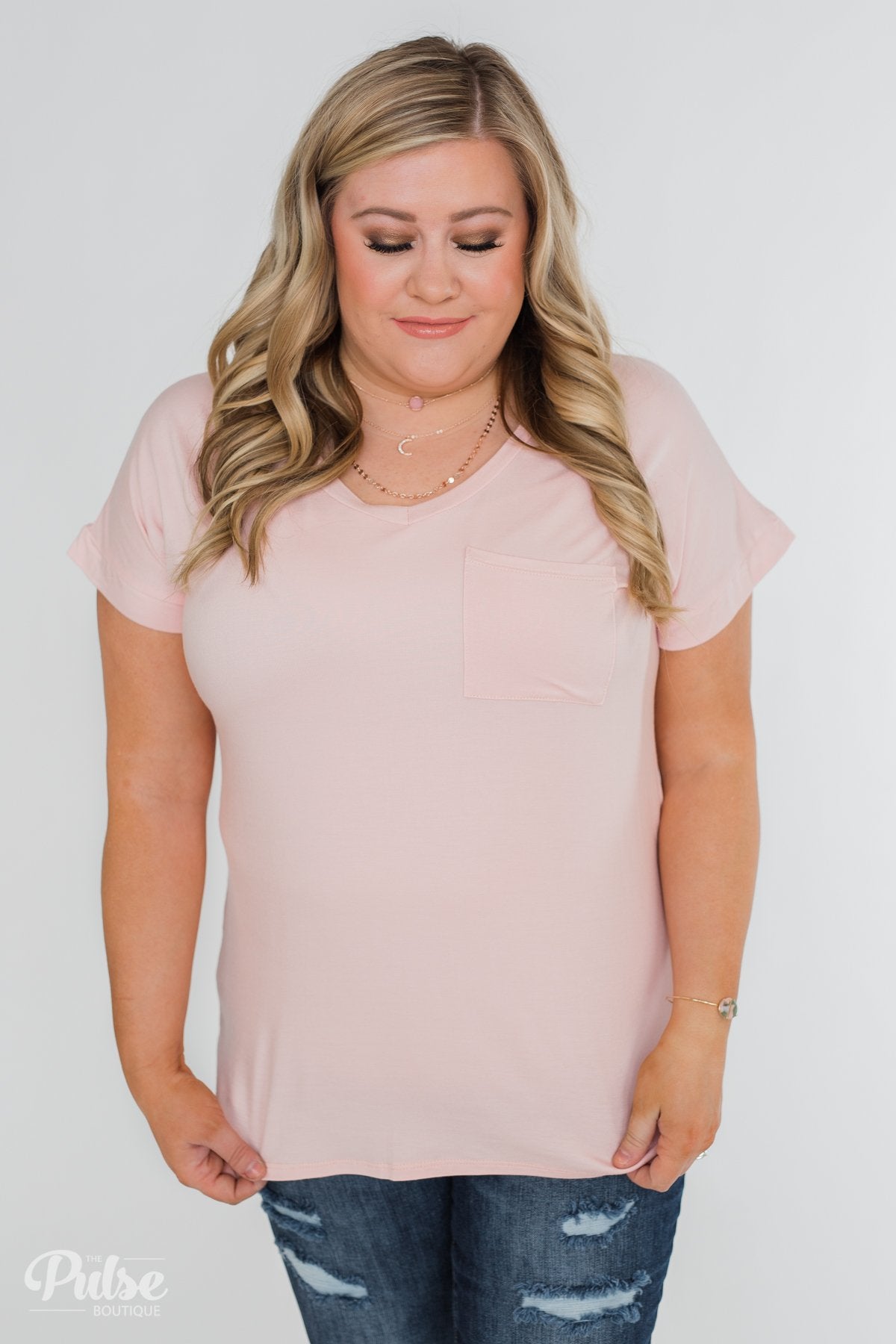 Solid V-Neck Pocket Top- Blush