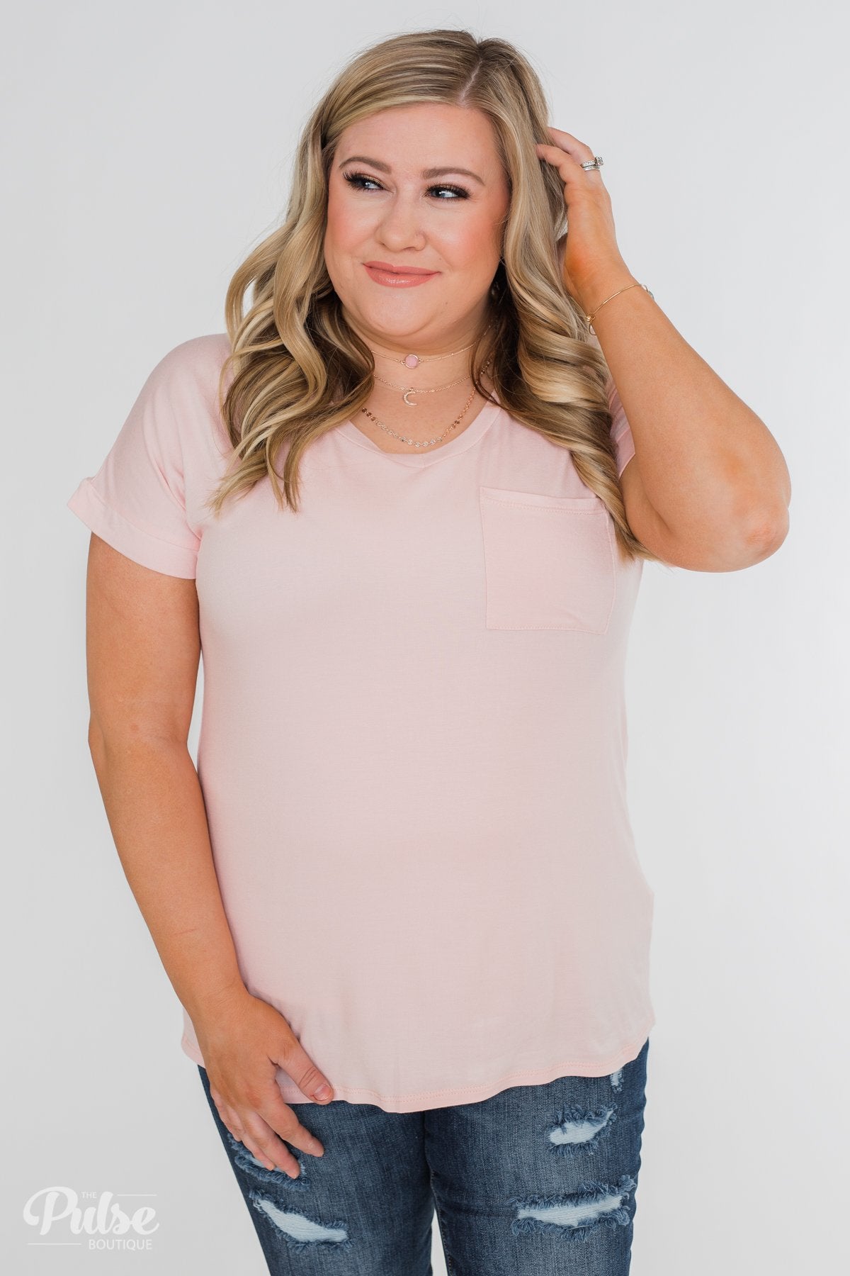 Solid V-Neck Pocket Top- Blush