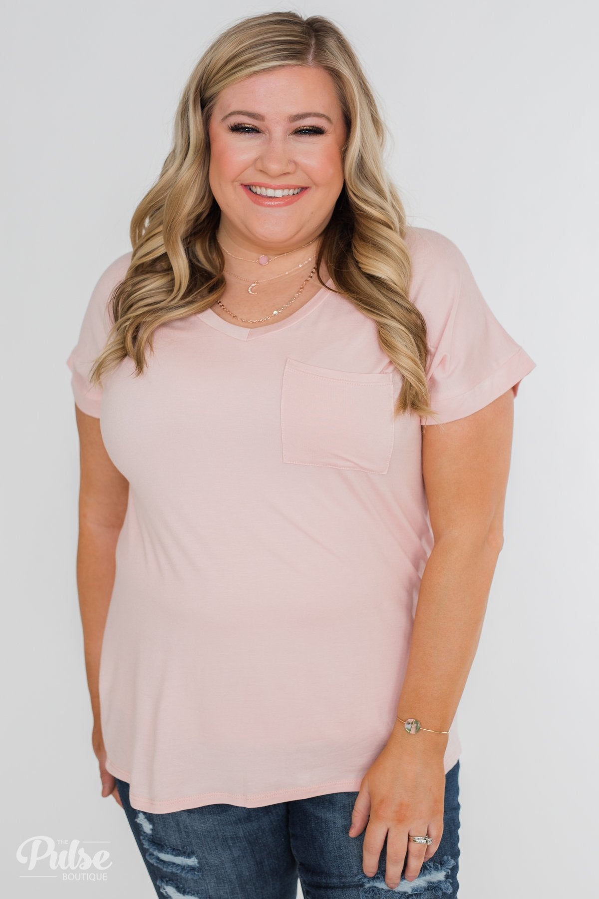 Solid V-Neck Pocket Top- Blush
