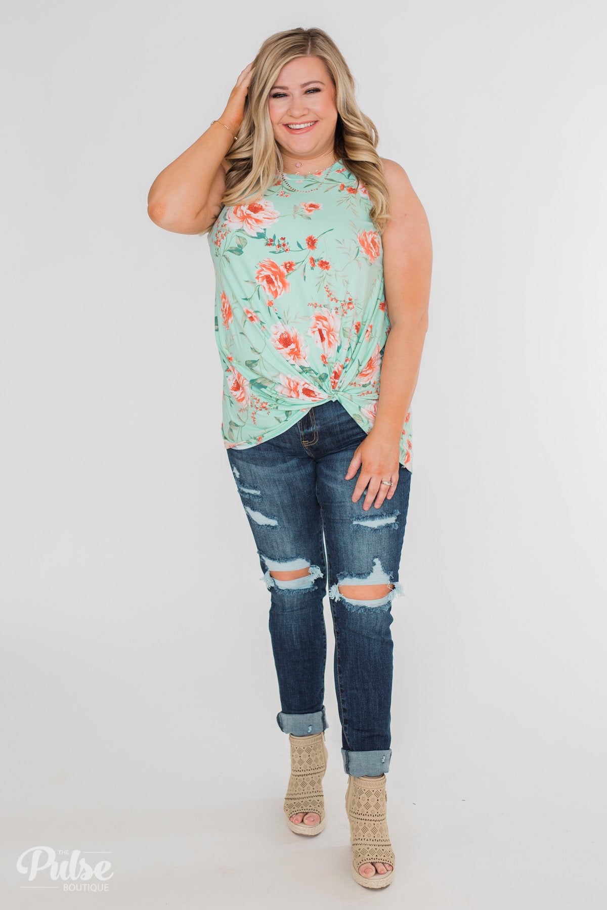 Beauty In Everything Floral Knot Top- Mint