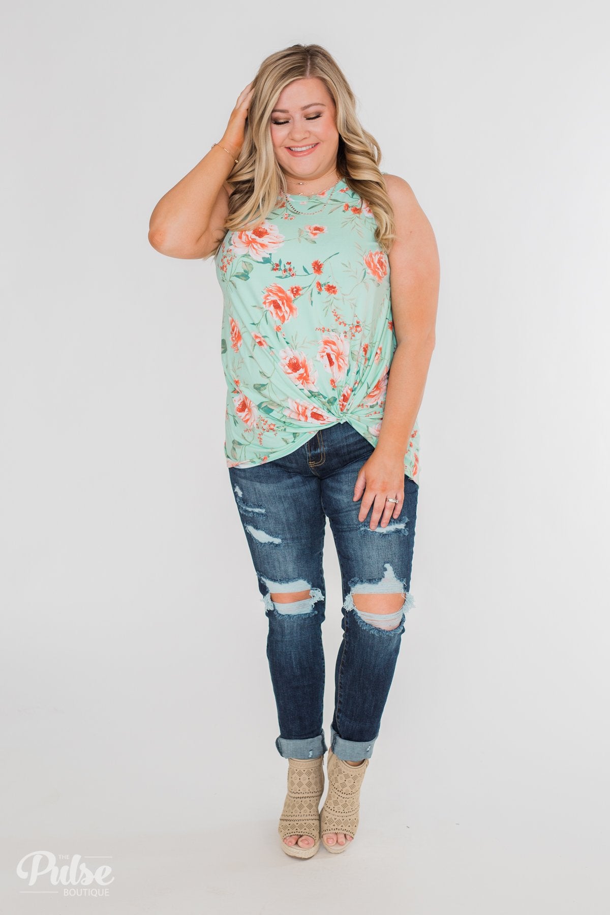 Beauty In Everything Floral Knot Top- Mint