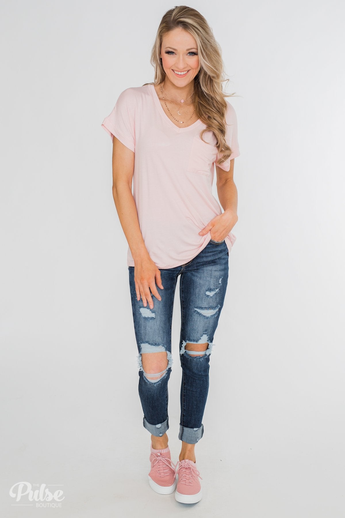 Solid V-Neck Pocket Top- Blush