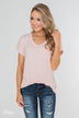 Solid V-Neck Pocket Top- Blush