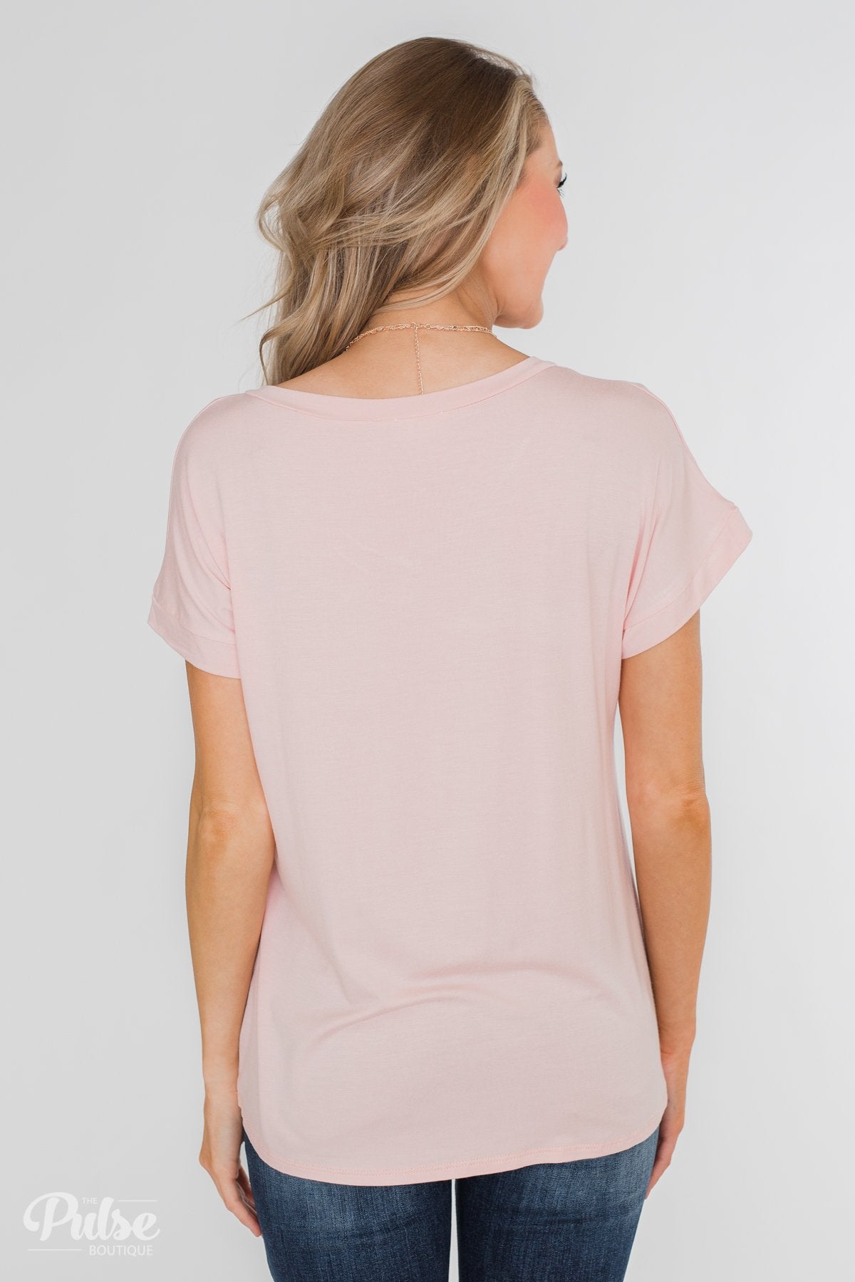 Solid V-Neck Pocket Top- Blush