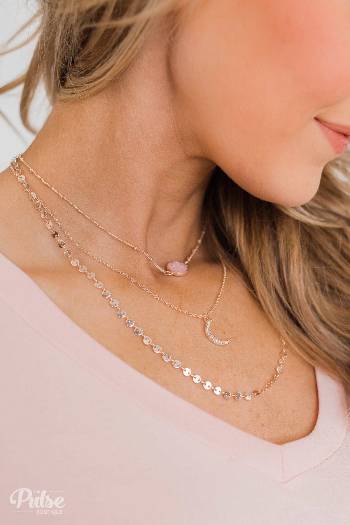 3 Tier Rose Gold Stone & Crescent Necklace- Pink