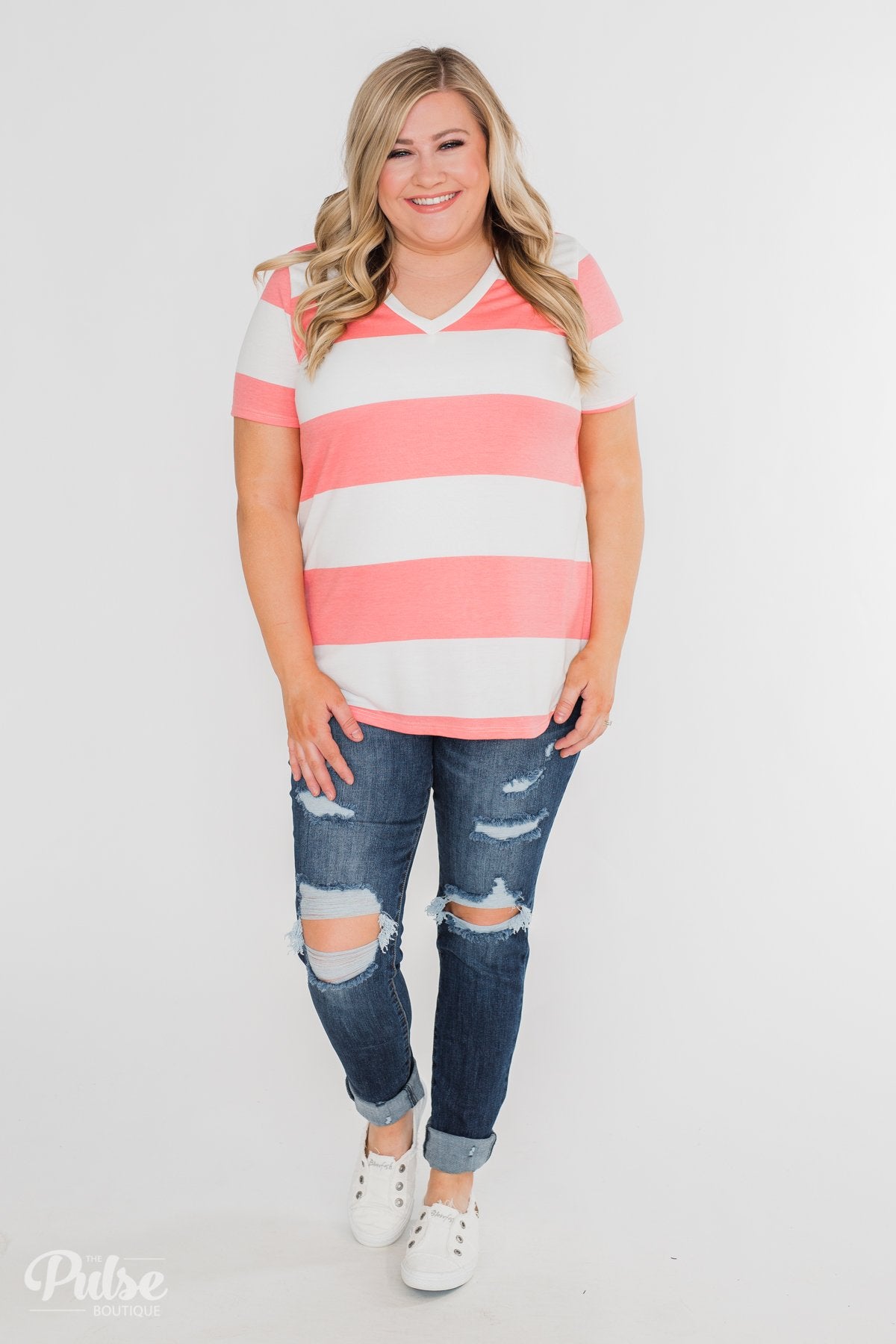 Hello to You Wide Stripe V-Neck Top- Coral